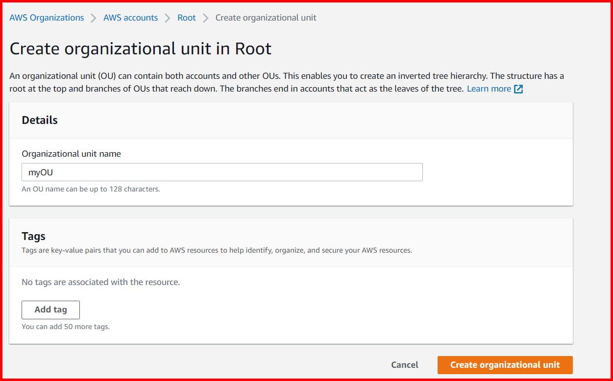 Picture showing the screen to create the new organizational unit